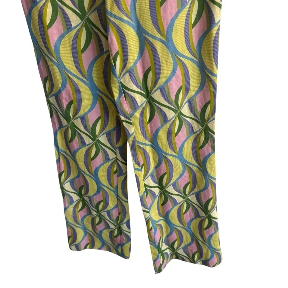 NWOT Zara Printed Linen Blend Flared Trousers, Multicolor Geometric Print, Sz S